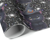 Papier Cadeau Chat noir d'Halloween blanc mignon (Coin rond)