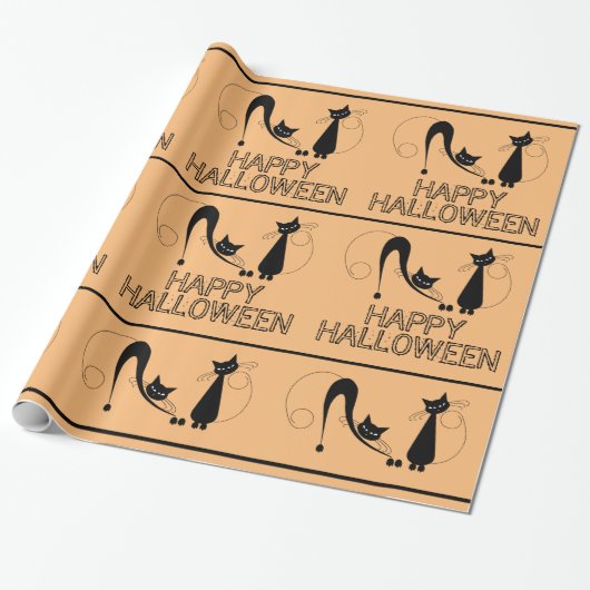 Papier Cadeau Chat Noir Élégant, Joyeux Halloween (Déroulé)