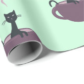 Papier Cadeau Chat noir en vert de tasse (Coin rond)