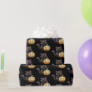 Papier Cadeau Chat noir et Motif de la lanterne Jack-O' Hallowee