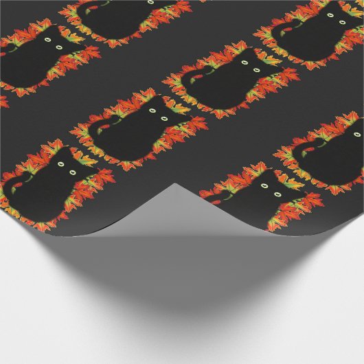 Papier Cadeau Chat noir, Feuilles d'automne motif, Halloween amu (Coin)