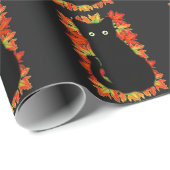 Papier Cadeau Chat noir, Feuilles d'automne motif, Halloween amu (Coin rond)