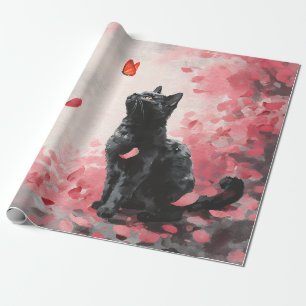 Papier Cadeau Chat noir gothique avec papillon cramoisi et sakur