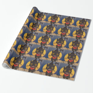 Papier Cadeau Chat Noir Lune Pleine Chauve-Souris