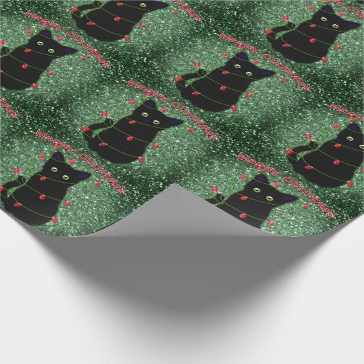 Papier Cadeau Chat noir mignon Meowy Noël scintillants lumières (Coin)