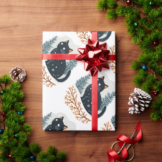 Papier Cadeau Chat noir neige d'hiver (Cadeau de vacances)