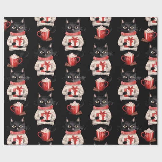 Papier Cadeau Chat noir Noël Chocolat chaud (Plat)