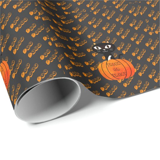 Papier Cadeau Chat noir orange Citrouille Tricoter ou traiter Ha (Coin rond)