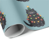 Papier Cadeau Chat noir Peinture à l'huile d'arbre de Noël (Coin rond)