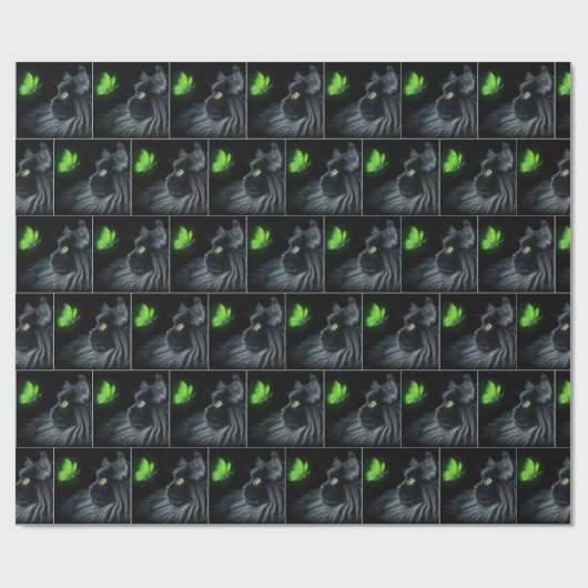 Papier Cadeau Chat Noir qui s'agenouille à un papillon vert bril (Plat)