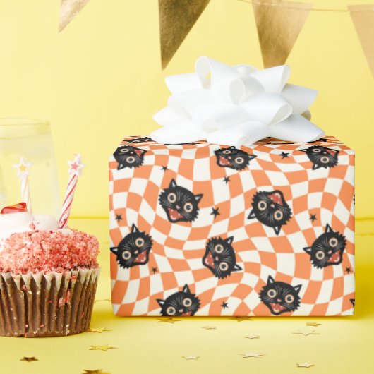 Papier Cadeau Chat noir rétro Motif chèque orange (Fête d'anniversaire)