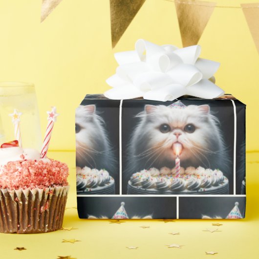 Papier Cadeau Chat perse avec gâteau d'anniversaire (Fête d'anniversaire)