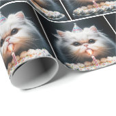 Papier Cadeau Chat perse avec gâteau d'anniversaire (Coin rond)