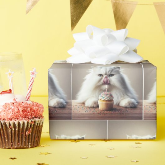 Papier Cadeau Chat Perse Blanc Avec Cupcake Anniversaire (Fête d'anniversaire)