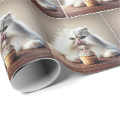 Papier Cadeau Chat Perse Blanc Avec Cupcake Anniversaire (Coin rond)