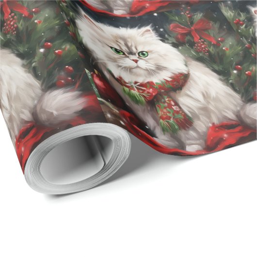 Papier Cadeau Chat perse en Noël de neige (Coin rond)