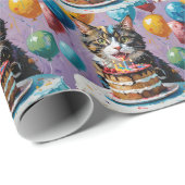 Papier Cadeau Chat Profitant De L'Art Acrylique Du Gâteau Annive (Coin rond)