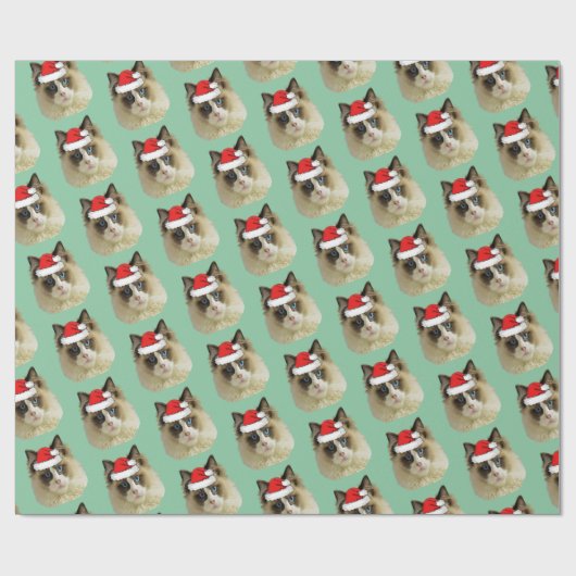 Papier Cadeau Chat Ragdoll portant un chapeau de Père Noël (Plat)