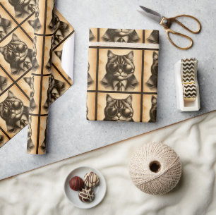 Papier Cadeau Chat Rétro Cool en Lunettes d'Aviateur, Sépia