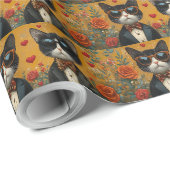 Papier Cadeau Chat Smoking Avec Roses de la Saint-Valentin (Coin rond)