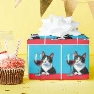Papier Cadeau Chat Smoking avec un Verre de Vin Rouge