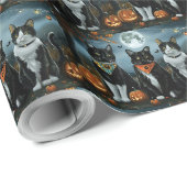 Papier Cadeau Chat Smoking Halloween Effrayant (Coin rond)