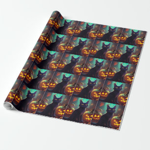 Papier Cadeau Chat Smoking Tuxedo d'Halloween avec des Citrouill