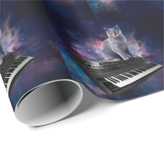 Papier Cadeau Chat sur synthétiseur dans l'espace (Coin rond)