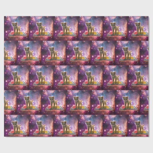 Papier Cadeau Chat sur synthétiseurs dans l'espace (Plat)