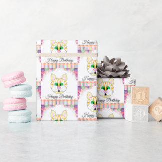 Papier Cadeau Chat Tabby Jaune Anniversaire