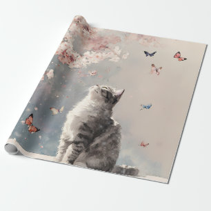 Papier Cadeau Chat tigré gris - Fleurs de cerisier et papillons