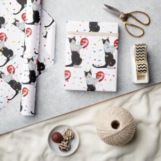 Papier Cadeau Chat Tuxedo Avec Balcon Rouge Anniversaire (Artisanat)