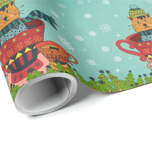 Papier Cadeau Chat Whimsical assis dans un thé Noël (Coin rond)
