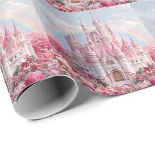 Papier Cadeau Château de la Princesse Rose Nuages Arc-en-ciel