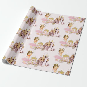 Papier Cadeau Château de Princesse Royale Carrosse Rose Or Fille