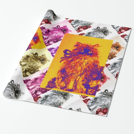 Papier Cadeau Chaton avec des roses rouges,Jaune orange,Bleu (Déroulé)