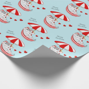 Papier Cadeau Chaton d'anniversaire dans un hamac rouge et blanc