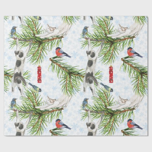 Papier Cadeau Chaton de Noël avec oiseaux (Plat)