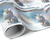 Papier Cadeau Chaton de Noël portant une écharpe d'hiver (Coin rond)