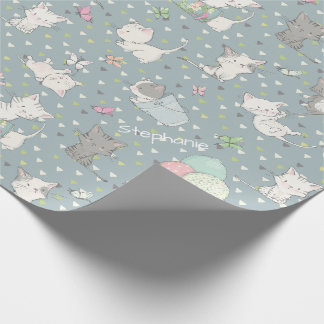 Papier Cadeau Chatons joueurs sur fond gris bleu