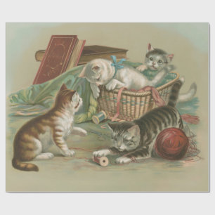 Papier Cadeau Chatons victoriens vintage jouant dans un panier à