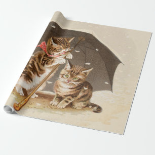 Papier Cadeau Chatons vintage sous parapluie art de chat antique