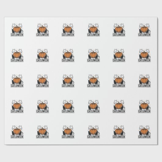Papier Cadeau Chatoween Chat Noir Fantôme Halloween Conception V (Plat)
