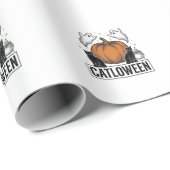 Papier Cadeau Chatoween Chat Noir Fantôme Halloween Conception V (Coin rond)