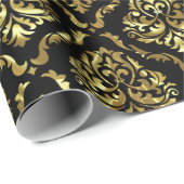 Papier Cadeau Chatoyant Or Floral Damask Sur Noir (Coin rond)