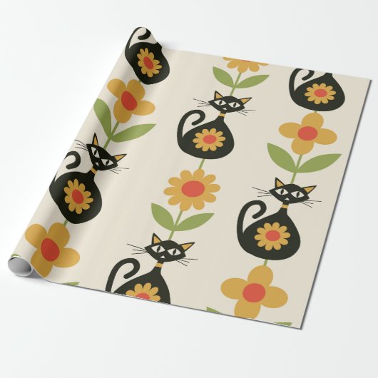 Papier Cadeau Chats atomiques de milieu de siècle avec des fleur (Déroulé)