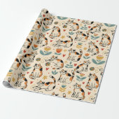 Papier Cadeau Chats calico de style d'art naïf (Déroulé)