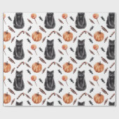 Papier Cadeau Chats, Citrouilles et friandises noirs d'Halloween (Plat)
