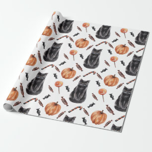 Papier Cadeau Chats, Citrouilles et friandises noirs d'Halloween