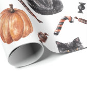 Papier Cadeau Chats, Citrouilles et friandises noirs d'Halloween (Coin rond)